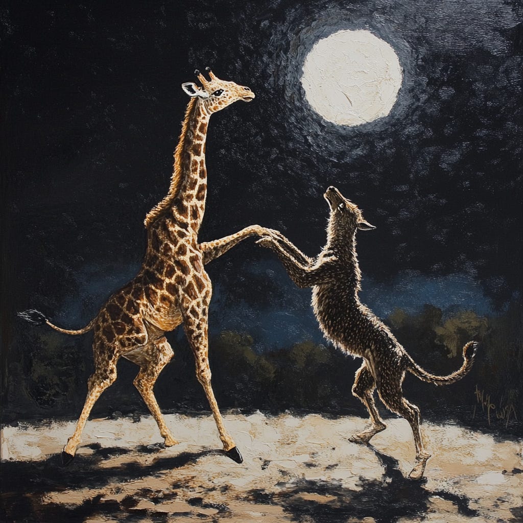 Girafe et chacal qui dansent, symboles de la CNV